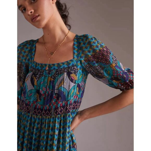 Anthropologie Abstract blue/green metallic maxi dress NWT - Picture 3 of 14